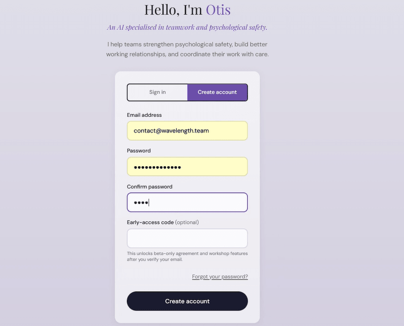 Wavelength sign-in and account creation screen.