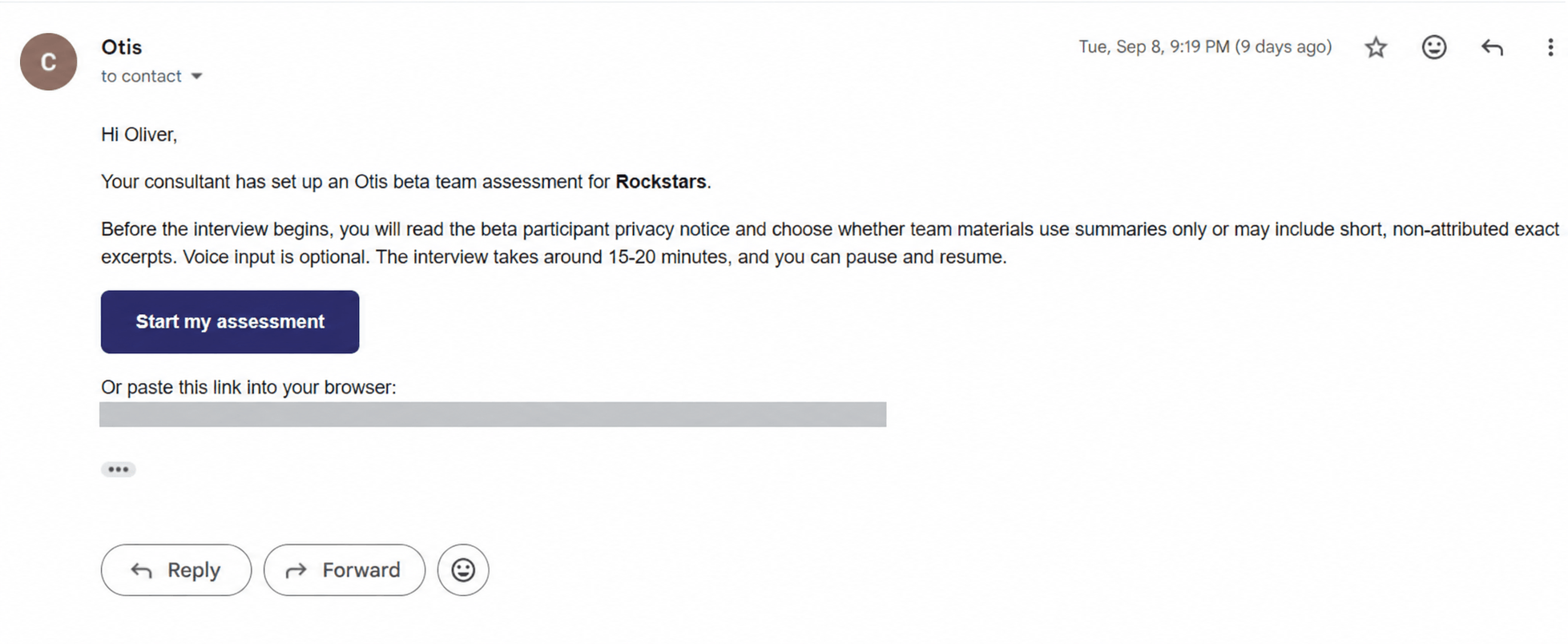 Example email inviting a team member to begin a private Otis assessment; the private link is redacted.