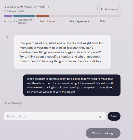 A private Otis conversation asking for a situation or story behind the focus area.