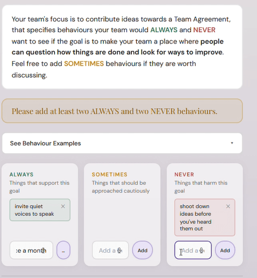 A completed Otis Team Agreement board with example ALWAYS and NEVER behaviours.