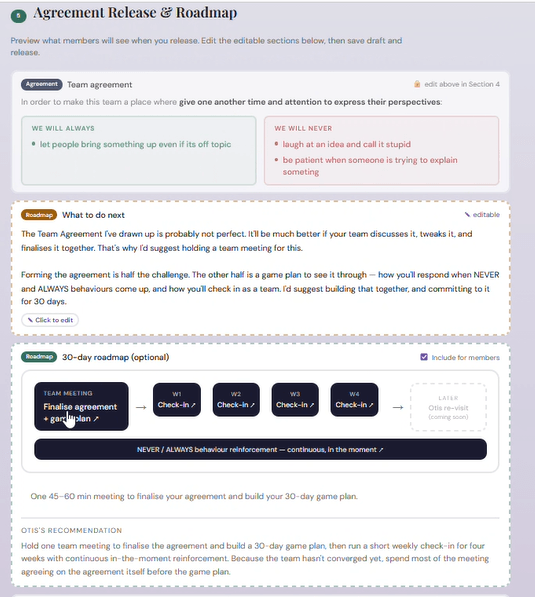 Consultant preview of an Otis Team Agreement and 30-day roadmap.