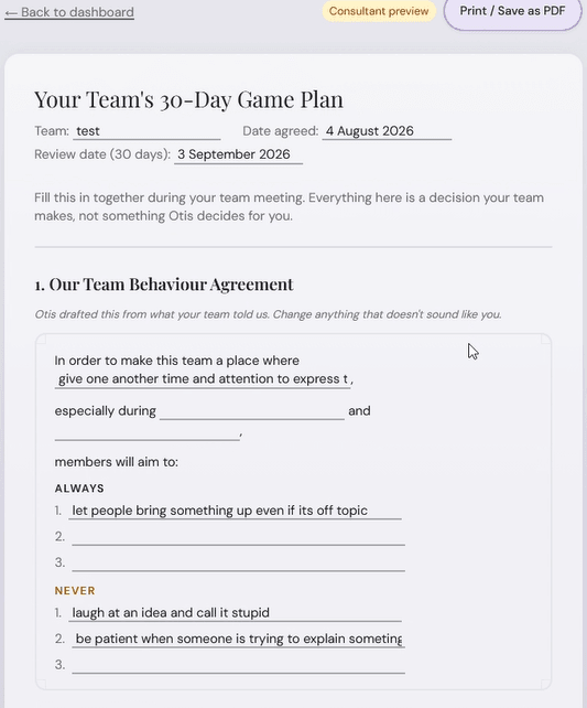 Example Otis 30-Day Game Plan showing a Team Behaviour Agreement.