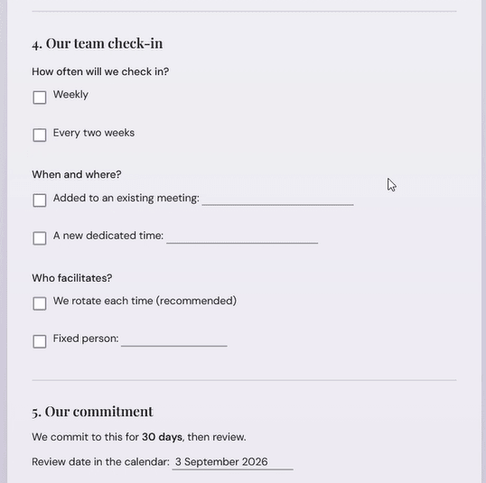 Example Otis team check-in cadence and 30-day commitment.